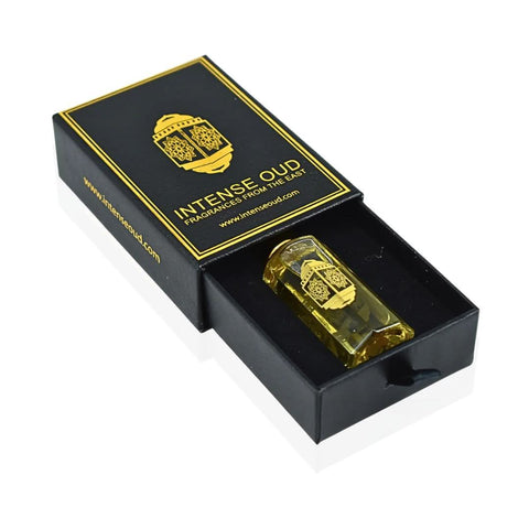 Intense Oud Santal Wood perfume oil in a 12ml glass bottle with black gift box, showcasing the luxurious loose oil packaging.