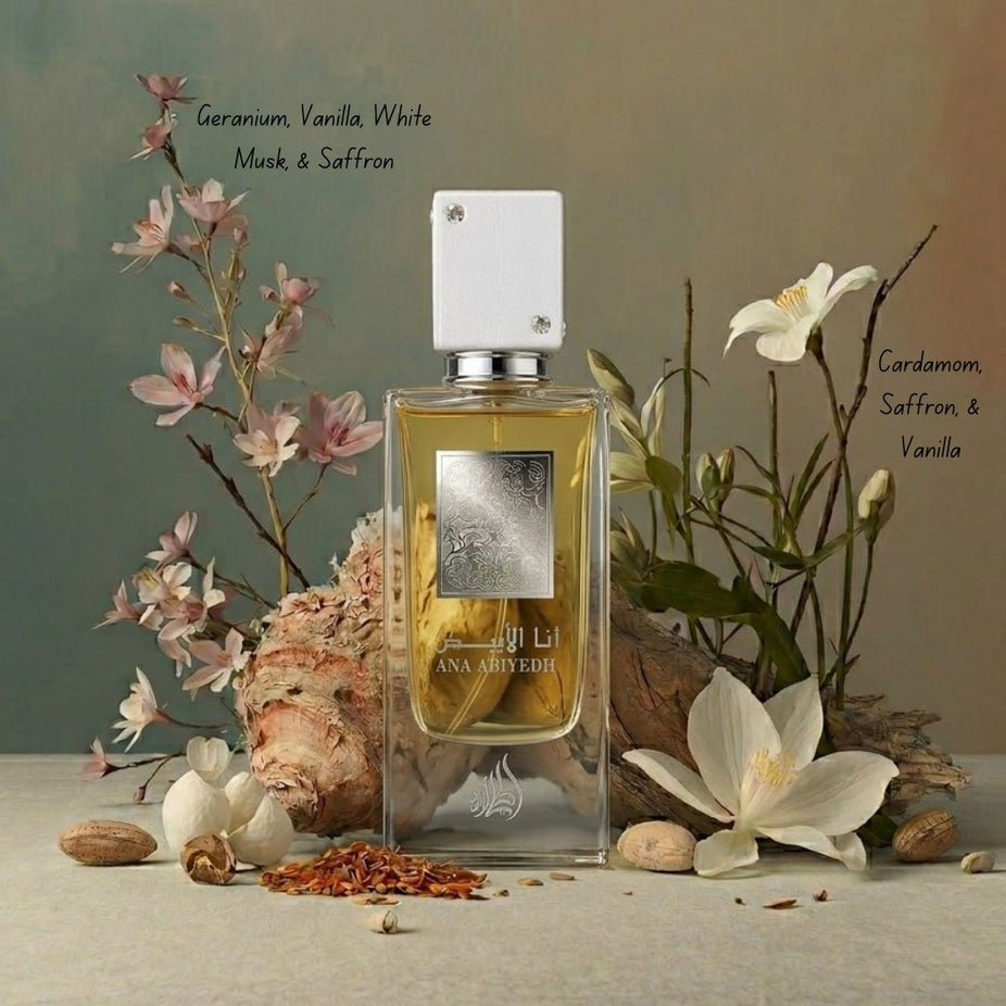 Lattafa Ana Abiyedh Eau de Parfum spray 60ml bottle with elegant floral and woody design on a white background