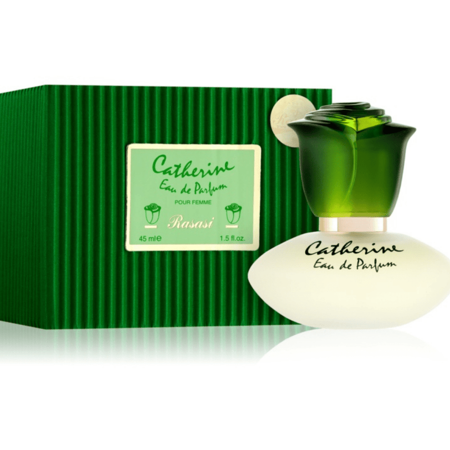 Catherine for Women Eau de Parfum by Rasasi, 45ml bottle, elegant floral perfume with a sleek design.