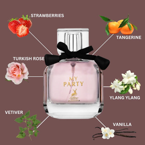 Maison Alhambra My Party Eau de Parfum spray 100ml with elegant bottle design, showcasing the luxurious fragrance.
