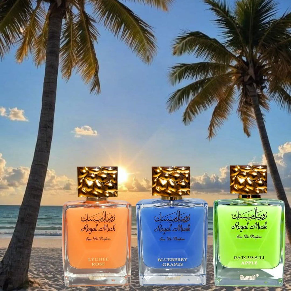Surrati Royal Musk Blueberry Grapes, Patchouli Apple & Lychee Rose Eau de Parfum bundle with four 100ml spray bottles.