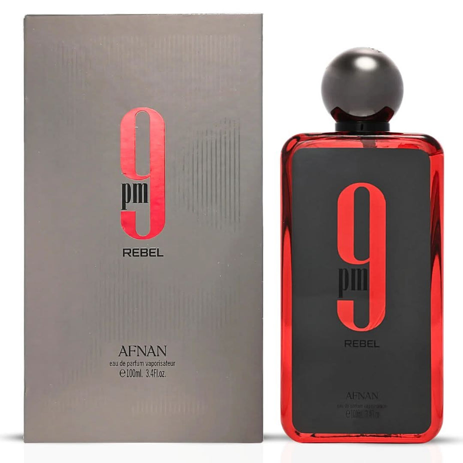 Afnan 9PM Rebel and 9AM Dive Eau de Parfum sprays in 100ml bundle, featuring sleek bottles for men’s fragrance collection.