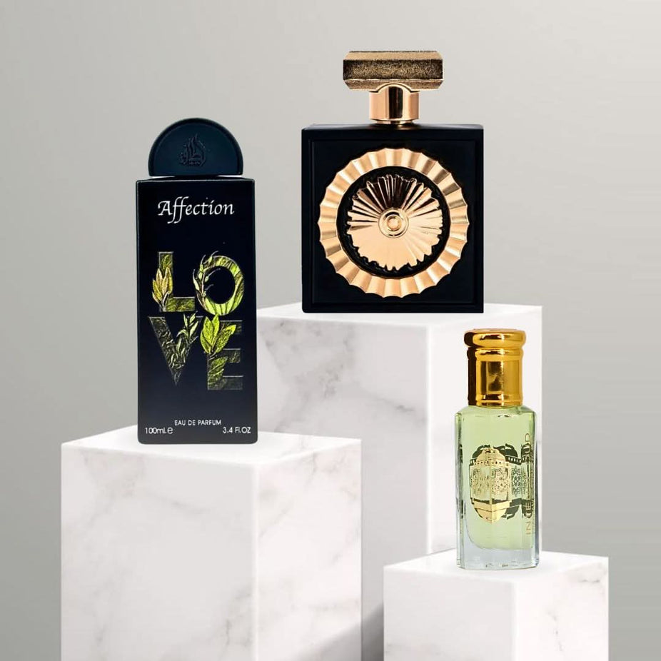 Intense Oud gift set featuring Nebras Affection Eau de Parfum 100ml, Lady Mile perfume oil 12ml, and a magnetic gift box.