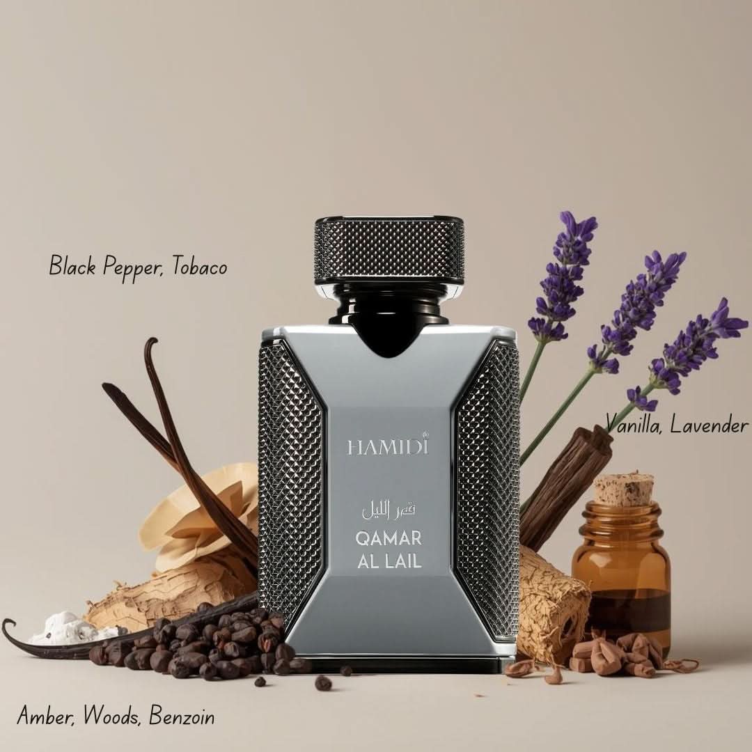 Qamar Al Lail Eau de Parfum Spray by Hamidi, 100ml bottle with elegant floral and woody fragrance notes.