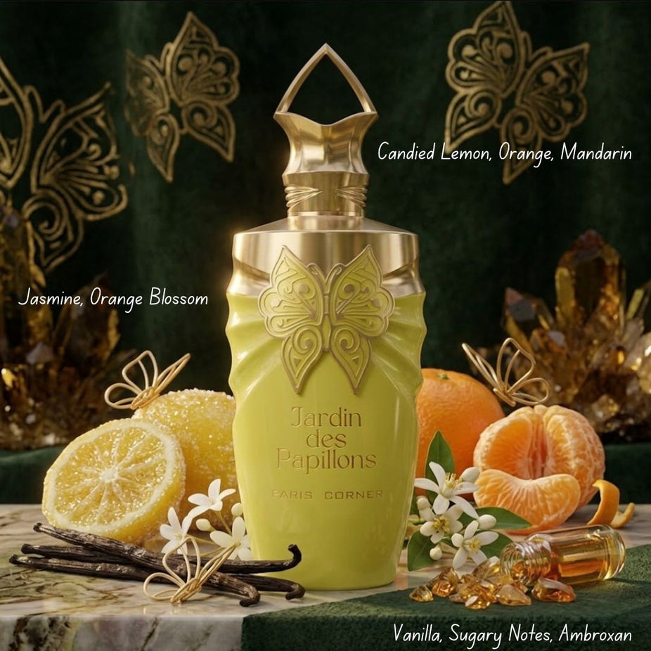 Jardin des Papillons Eau de Parfum Spray by Paris Corner, 100ml bottle with floral and butterfly-inspired design.
