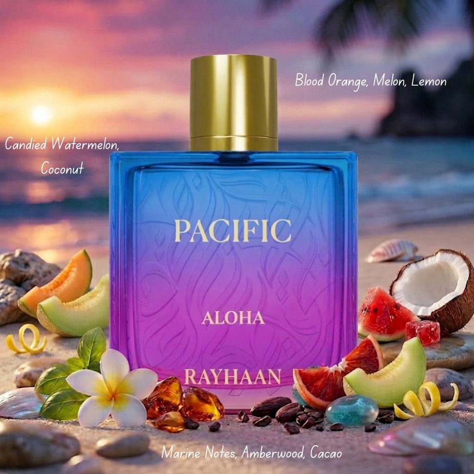 Rayhaan Pacific Aloha Eau de Parfum Spray 100ml bottle, featuring elegant packaging and the fragrance's tropical-inspired design.