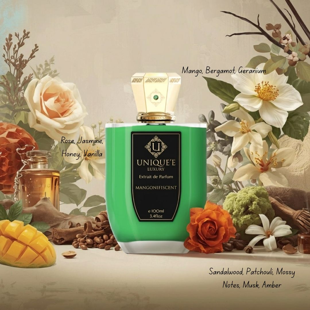 Unique'e Luxury Mangonifiscent Extrait de Parfum 100ml EDP bottle with elegant packaging and gold accents.