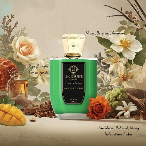 Unique'e Luxury Mangonifiscent Extrait de Parfum 100ml EDP bottle with elegant packaging and gold accents.