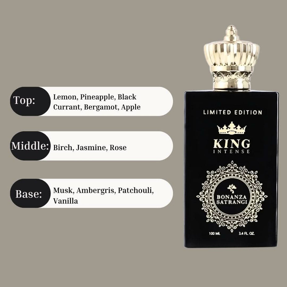Bonanza Satrangi King Intense EDP spray bottle with elegant packaging, showcasing a warm vanilla fragrance in a 100ML size.
