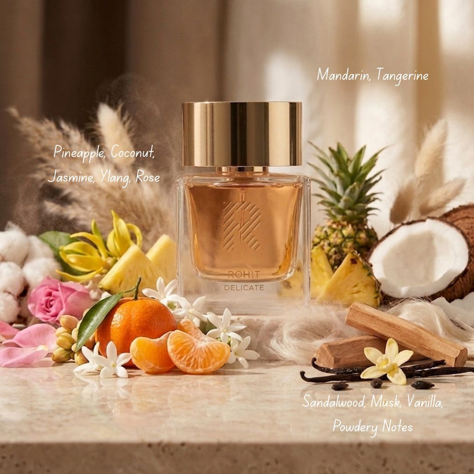 Rohit Delicate Eau de Parfum Spray by Bharara, 100ml bottle, elegant glass container with floral and citrus fragrance details
