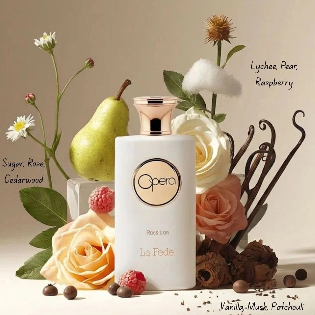 Khadlaj La Fede Opera Rose L'Or Eau de Parfum spray 100ml, elegant glass bottle with floral and rose accents.