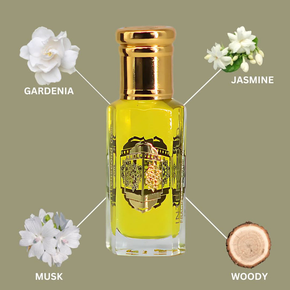 Intense Oud Gardenia Musk perfume oil 12ml in a black gift box, showcasing the elegant glass bottle and luxurious packaging.