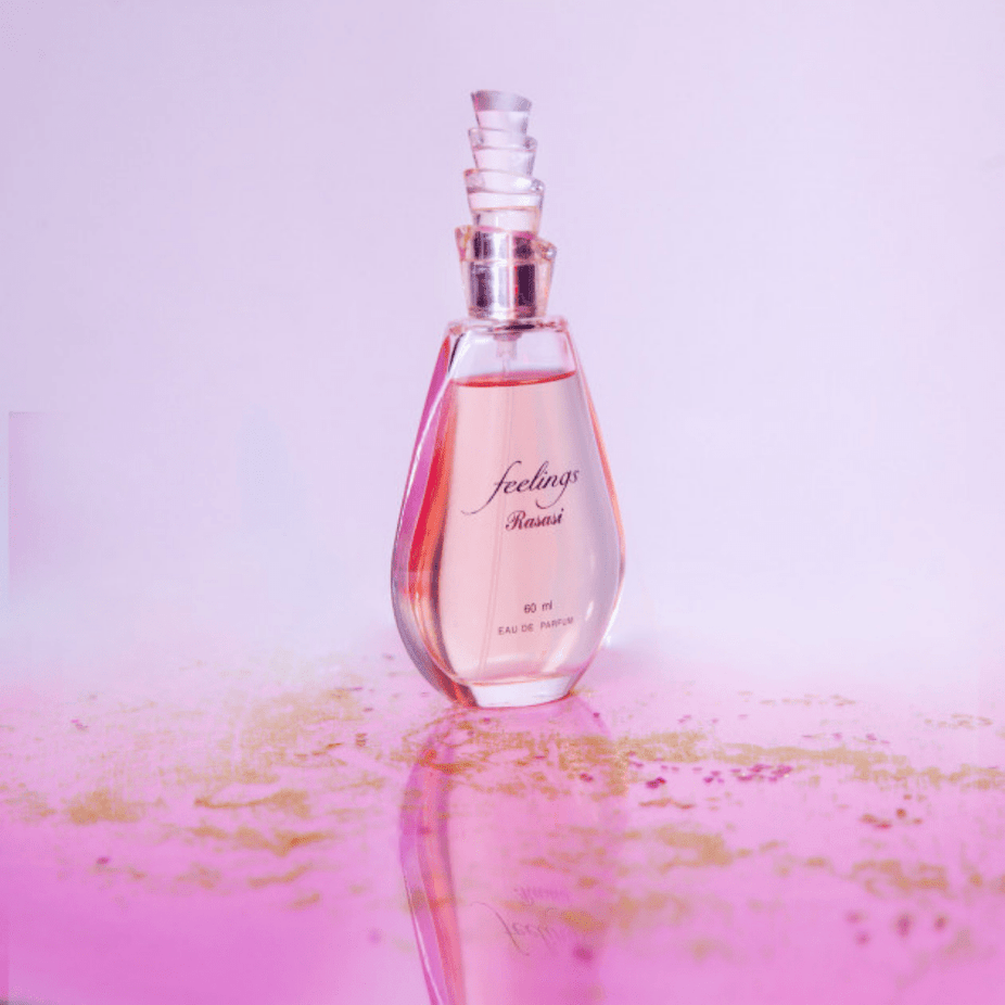 Rasasi Feelings for Women Eau De Parfum bottle, 60 ML (2 oz), elegant glass container with floral and fruity fragrance notes