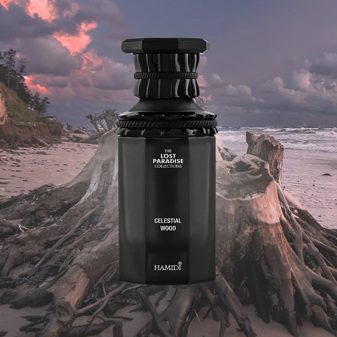 Hamidi Divine Cherry and Celestial Wood Eau de Parfum bundle with two 100ml spray bottles, featuring floral and woody fragrance notes.