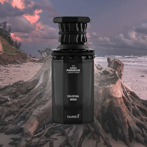 Hamidi Divine Cherry and Celestial Wood Eau de Parfum bundle with two 100ml spray bottles, featuring floral and woody fragrance notes.