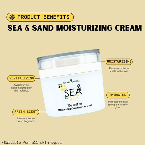Sea & Sand moisturizing body cream by Al Rehab in a 70g jar, with a smooth cream texture and colorful packaging.