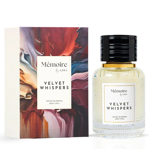 AZHA Oasis Mist & Velvet Whispers parfum spray bundle from Memoire Collection, featuring elegant 100ml bottles with floral and velvety designs.