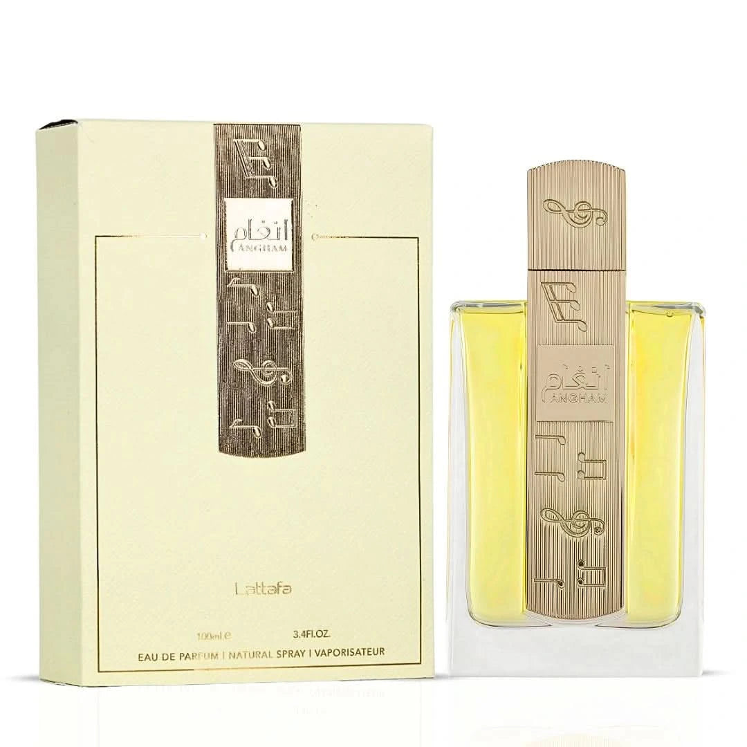 Lattafa Angham & Mashrabya Eau de Parfum Spray bundle, 100ml each, featuring elegant bottles with traditional Arabic design.