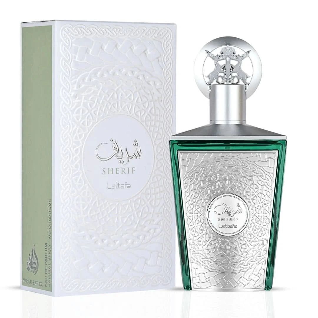 Lattafa Sur Mesure Noir & Sherif Eau de Parfum sprays in 100ml bottles, featuring elegant black and gold packaging.