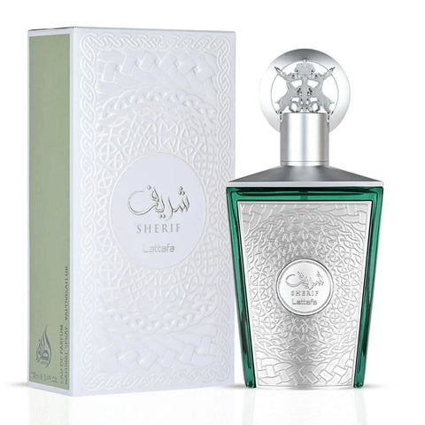 Lattafa Sur Mesure Noir & Sherif Eau de Parfum sprays in 100ml bottles, featuring elegant black and gold packaging.