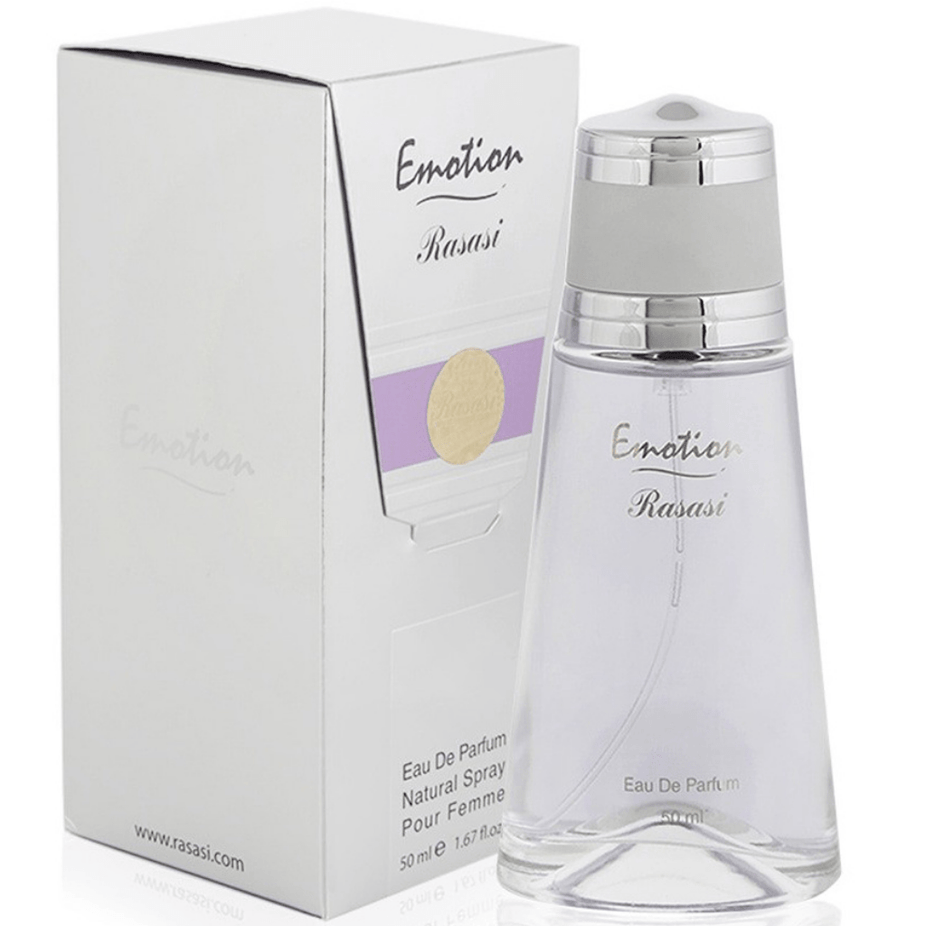 Rasasi Emotion for Women Eau De Parfum 50ML bottle with floral and fruity accents, elegant packaging.