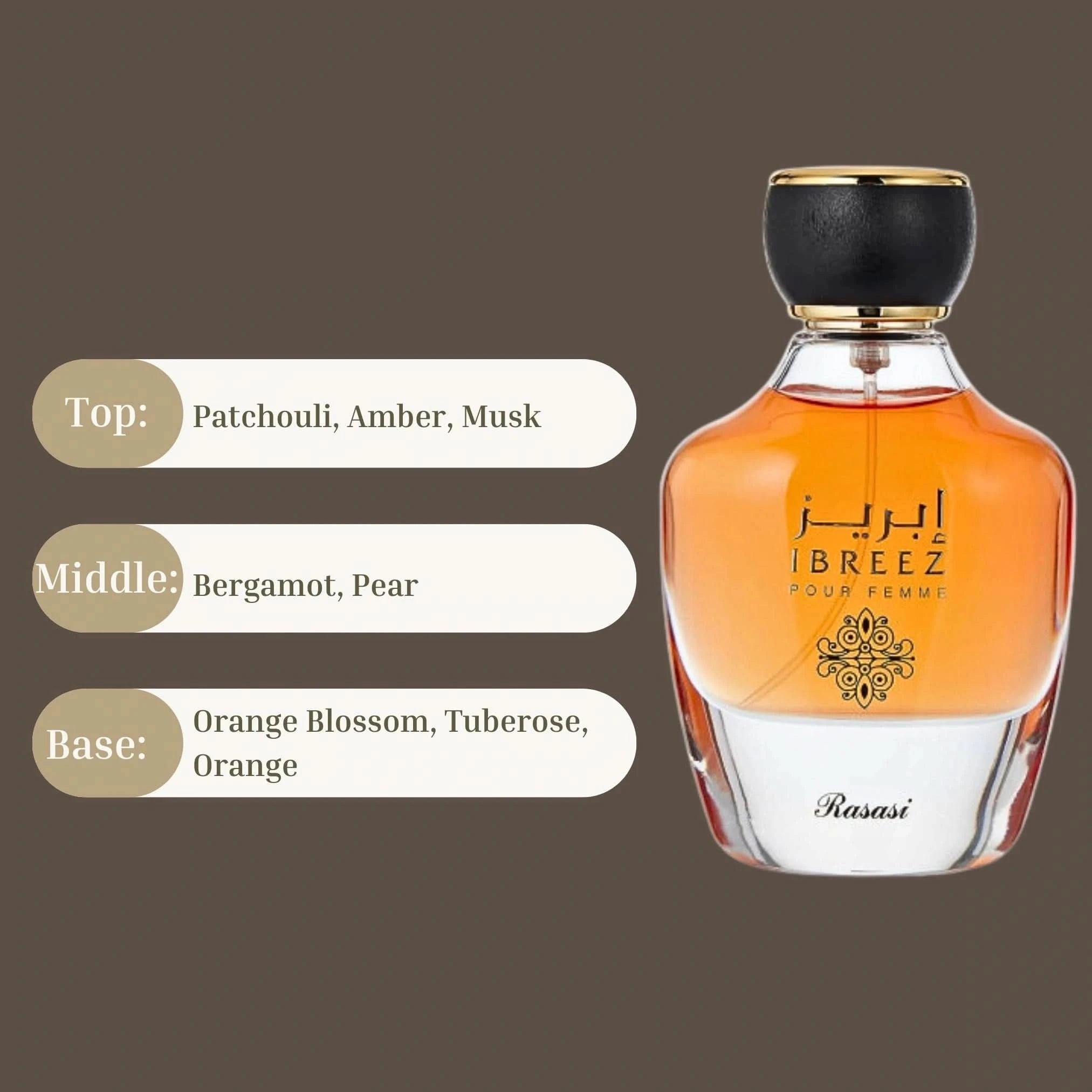 Ibreez Pour Femme Eau de Parfum spray by Rasasi, 100ml, with a velvet pouch, showcasing the elegant perfume bottle.