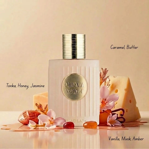 Cream Velvet Eau de Parfum spray by Khadlaj, 100ml bottle, featuring a sleek cream-colored design and elegant packaging.
