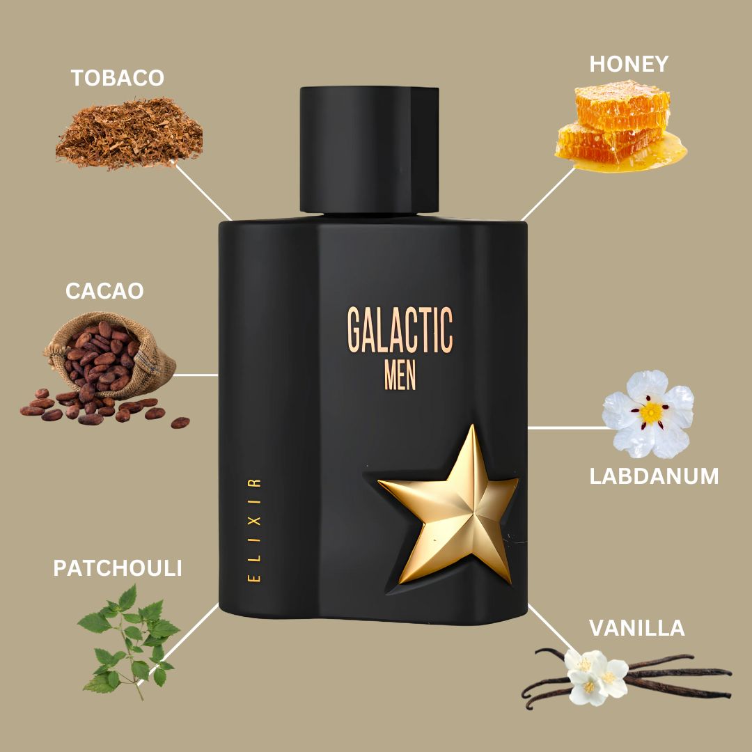 Galactic Men Elixir Eau De Parfum Spray 100ML (3.4 OZ) by Maison Alhambra | A Smoky, Sweet Blend of Tobaco, Honey, and Amber for a Rich, Sensual Finish. - Intense Oud