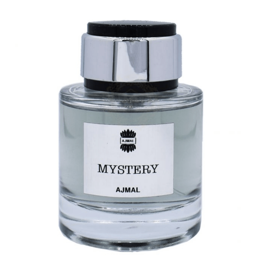 Ajmal Mystery for Men EDP 100ml bottle with sleek packaging and stylish design, showcasing the men's eau de parfum fragrance.