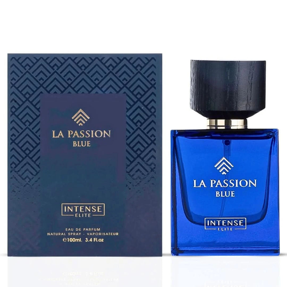Bundle of three 100ml Eau de Parfum sprays including Hawas Ice by Rasasi, La Passion Blue by Intense Elite, and Asad Elixir by Lattafa.