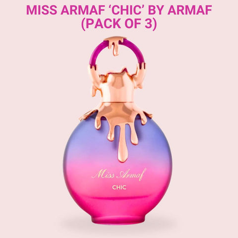 Three bottles of Miss Armaf Chic Eau de Parfum Spray by Armaf, 100ml each, in a value pack, featuring elegant perfume packaging.