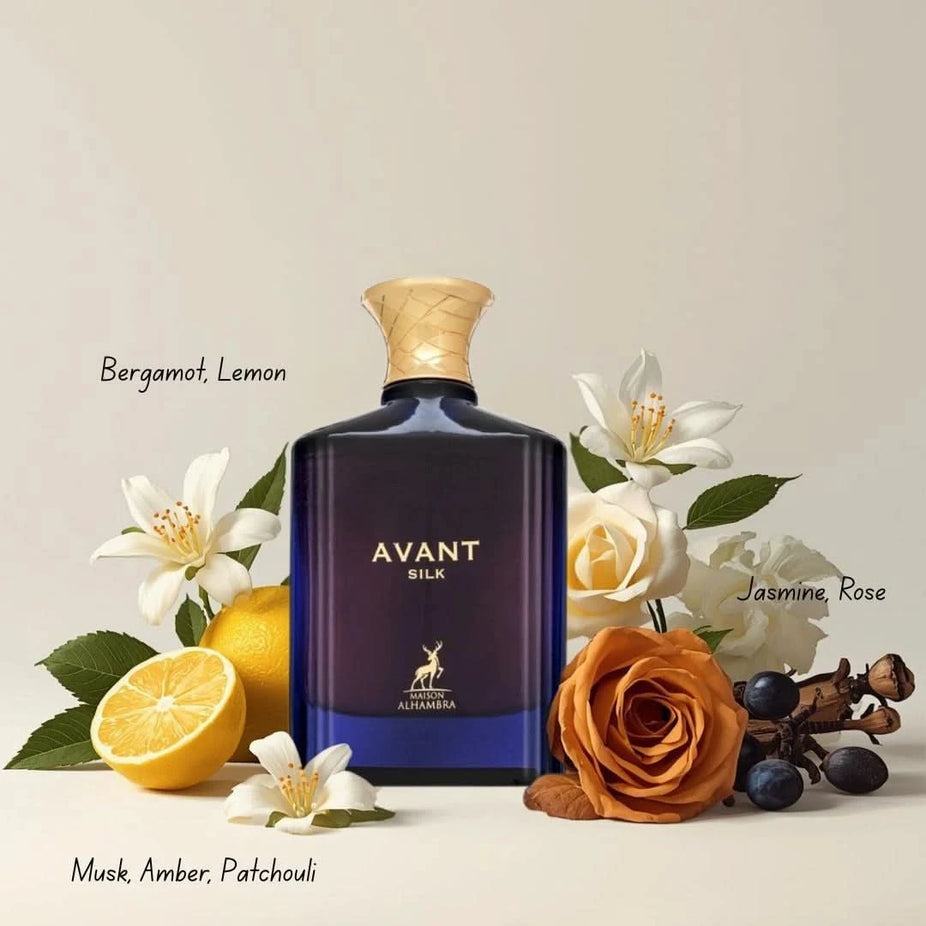 Maison Alhambra Avant Silk Eau de Parfum spray 100ml, elegant glass bottle of Maison Alhambra EDP fragrance.