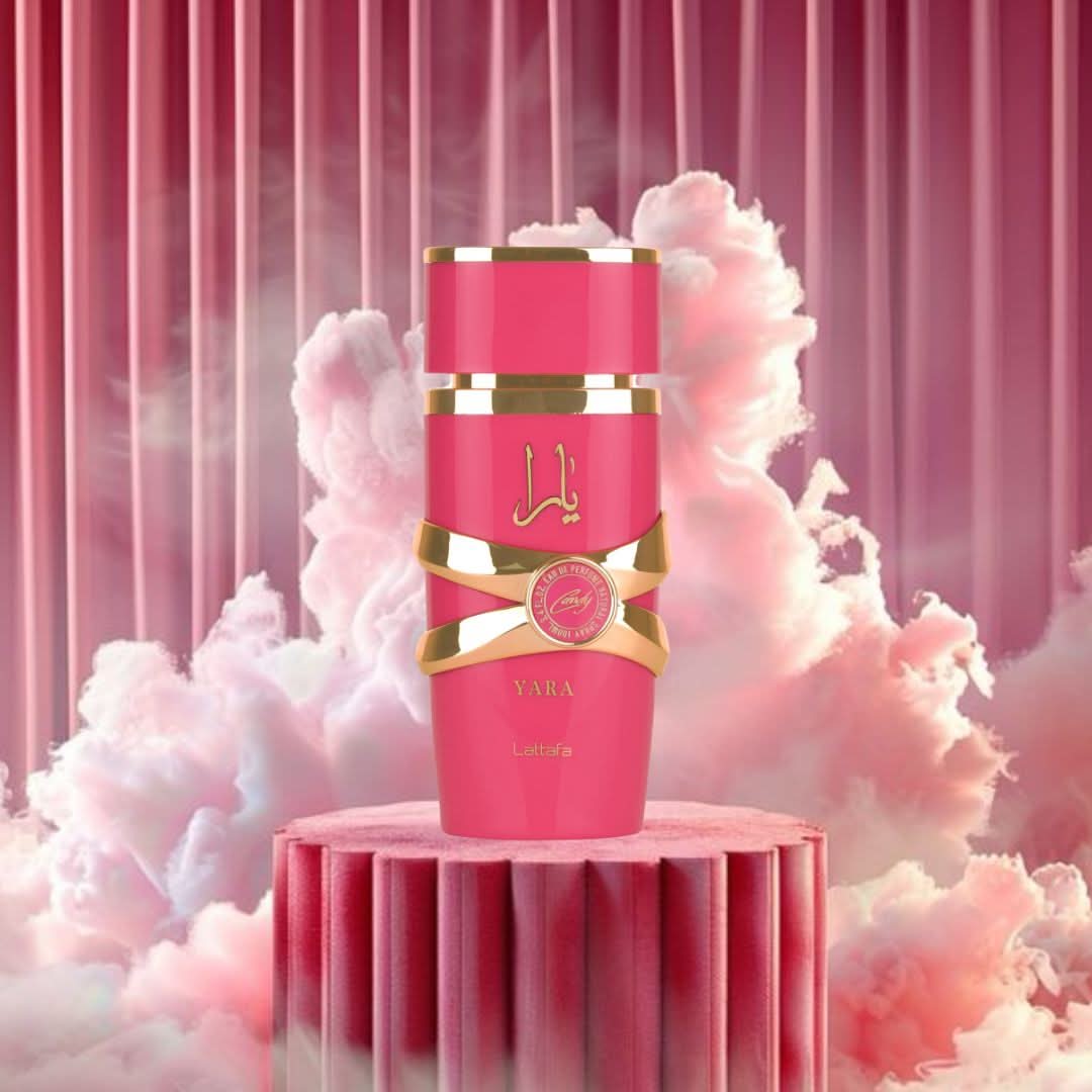 Lattafa Yara Candy and Yara Moi Eau de Parfum Spray bundle, 100ml each, featuring elegant perfume bottles with decorative caps.