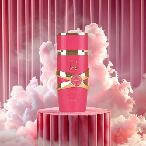 Lattafa Yara Candy and Yara Moi Eau de Parfum Spray bundle, 100ml each, featuring elegant perfume bottles with decorative caps.