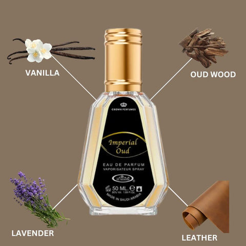 Imperial Oud Eau De Parfum Spray 50ML (1.7 OZ) By Al Rehab | A Rich Blend of Vanilla, Smoky Leather & Oud Softened by Lavender. - Intense Oud