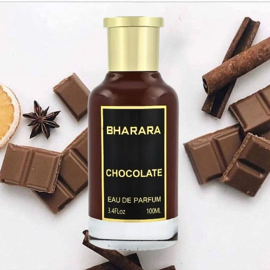 Bharara Chocolate and Bharara Queen Eau de Parfum spray bundle, 100ml bottles, featuring elegant packaging and fragrance labels.