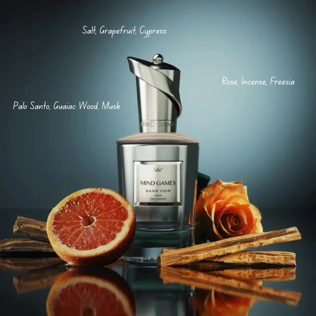 Mind Games Sans Voir Extrait de Parfum EDP 100ml bottle with elegant packaging and fragrance notes visible in the image.