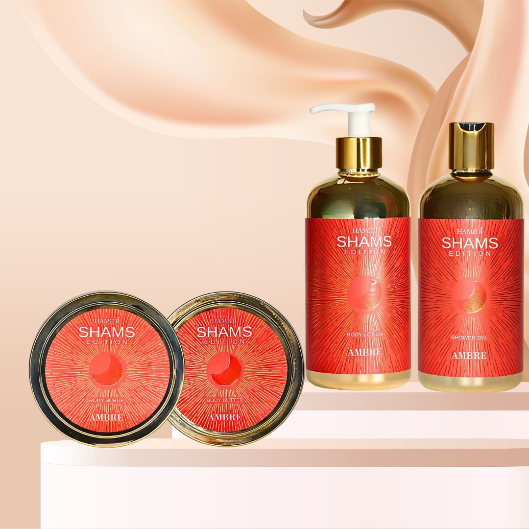 4PCS SHAMS AMBRE EDITION - Bath & Body Gift Set Magnetic Box By Hamidi | Ultra Moisturizing, Skin-Nourishing, Naturally Derived Ingredients. (PACK OF 4) - Intense Oud