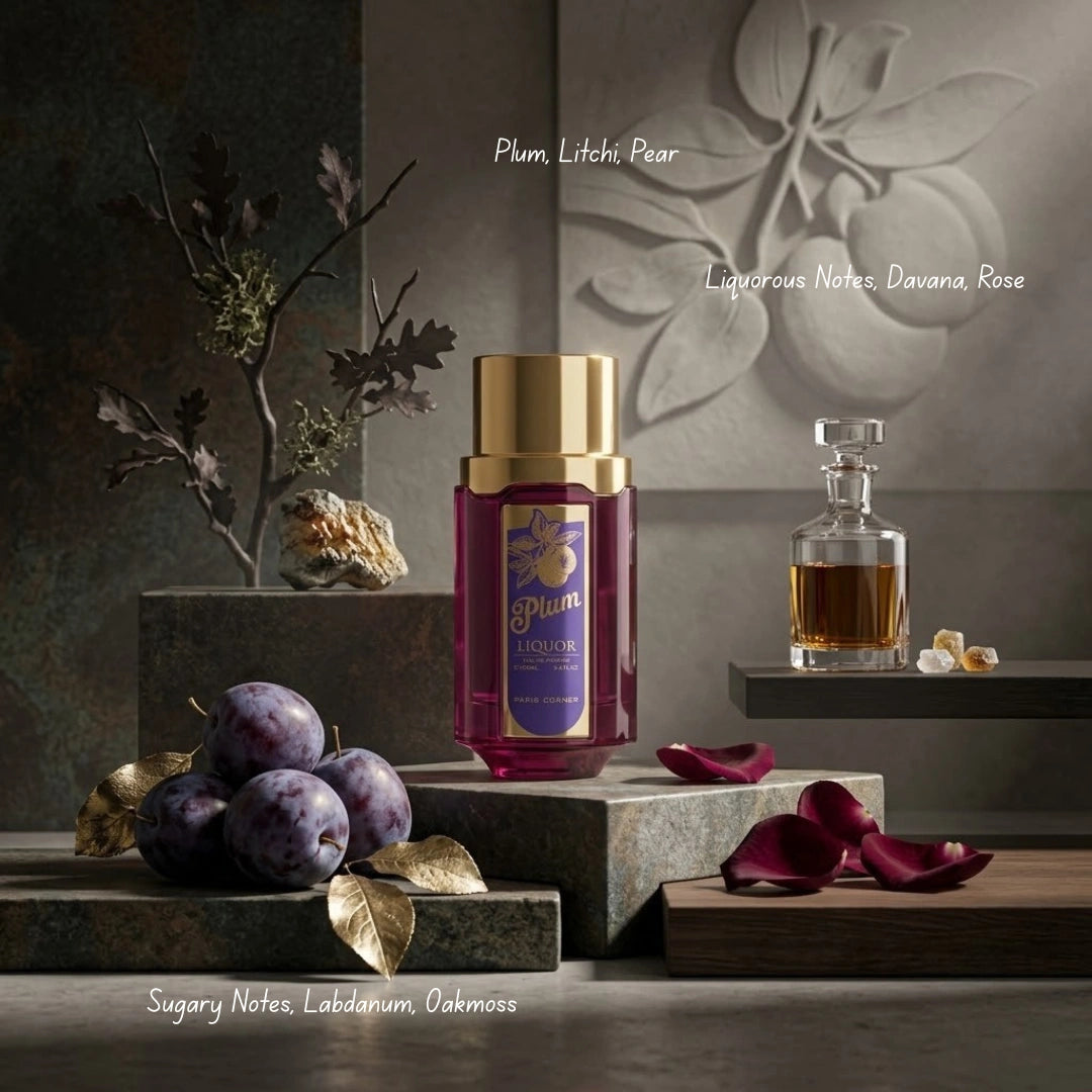 Paris Corner Plum Liquor Eau de Parfum spray 100ml bottle with elegant packaging and fragrance notes visible.