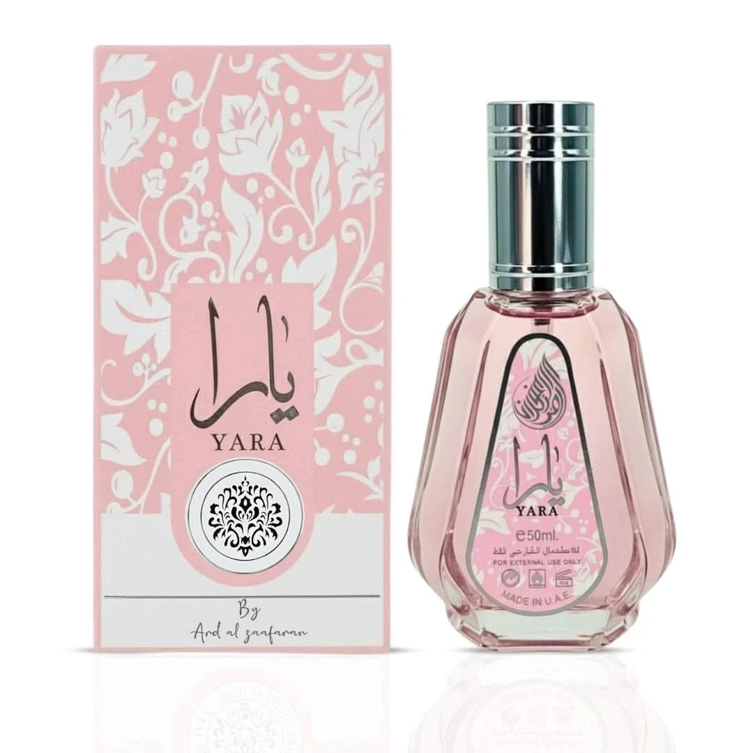 Ard Al Zaafaran perfume bundle with Pink Blush Shams Al Emarat 100ml and Yara 50ml Eau de Parfum sprays, featuring floral and fruity notes.