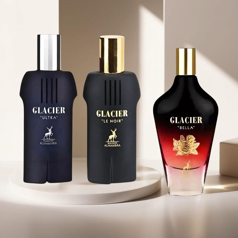 Maison Alhambra Glacier Le Noir, Ultra & Bella Eau de Parfum sprays in 100ml bottles from the Collection.