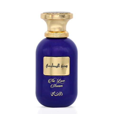 Rasasi Somow Al Rasasi The Love Stream Eau de Parfum spray in a 100ml bottle with a velvet pouch, featuring elegant perfume design
