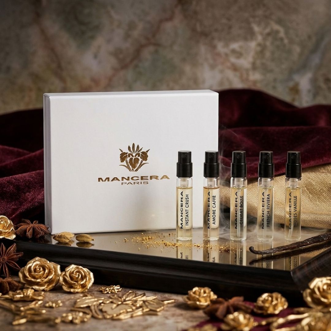 Set of five Mancera Eau de Parfum Discovery bottles, each 8ml, featuring a variety of luxurious scents in elegant glass bottles.