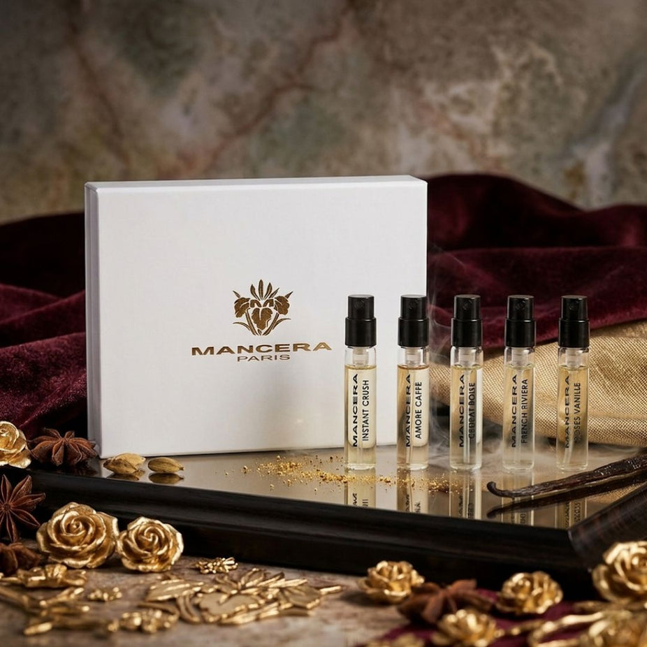 Mancera Discovery Set with five 8ml Eau de Parfum bottles, showcasing elegant packaging and sample sizes for testing fragrances.