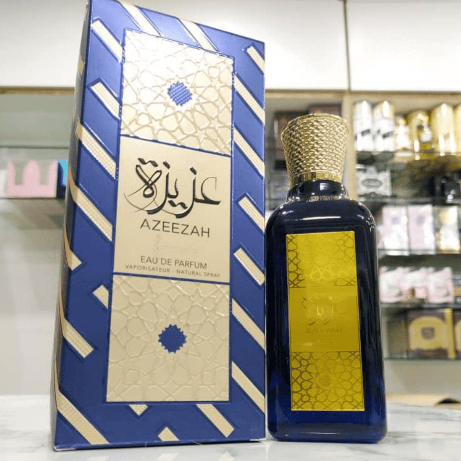 Azeezah Eau De Parfum by Lattafa, 100ML bottle with elegant packaging, showcasing the fragrance’s luxurious design.
