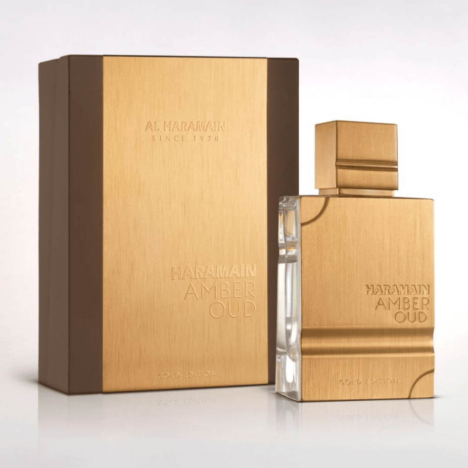 Amber Oud Gold Edition Eau de Parfum spray by Al Haramain, featuring a luxurious gold bottle with amber-colored liquid.