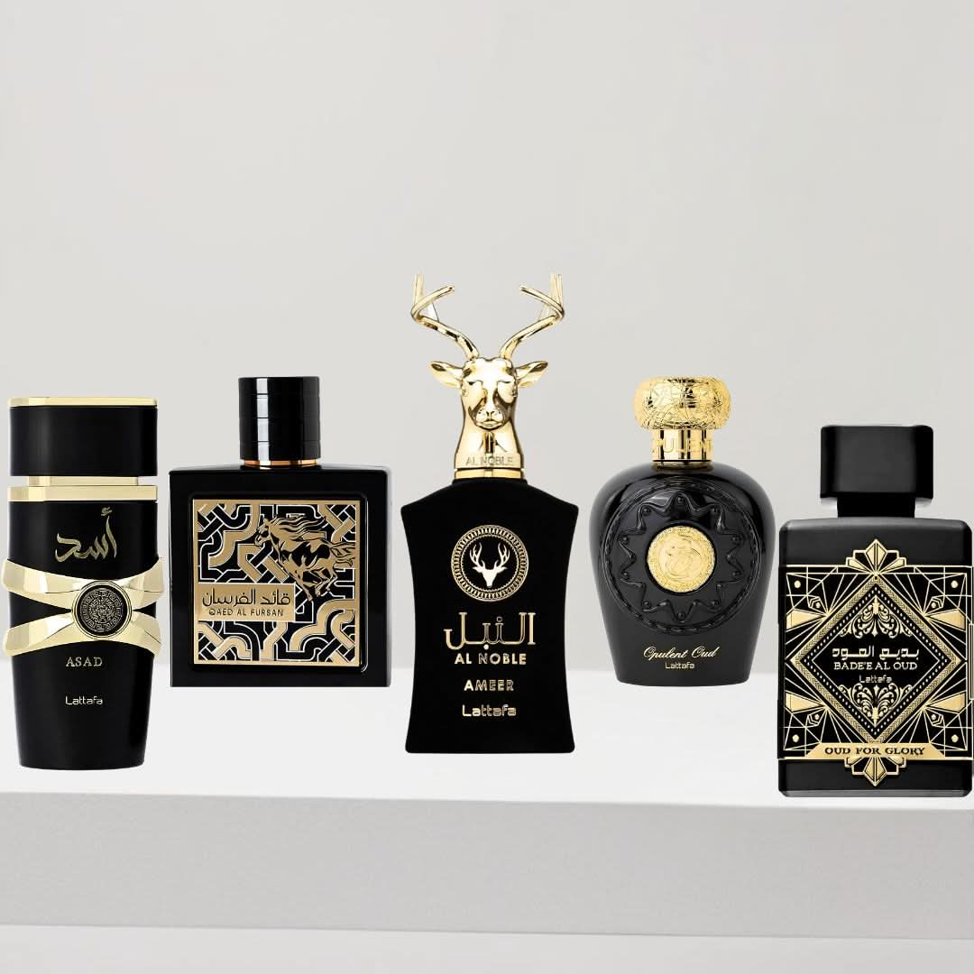 Set of five Lattafa Bold & Luxurious Collection Eau de Parfum sprays, 100ml each, featuring elegant bottles in a sleek design.