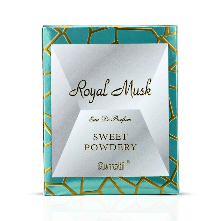 Surrati Royal Musk Sweet Powdery Eau de Parfum spray bottle, 100ml, with elegant packaging and a sleek design.