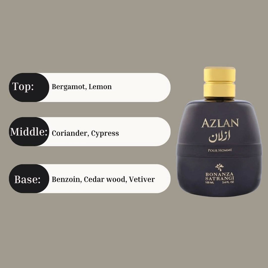 Azlan Pour Homme EDP spray by Bonanza Satrangi in 100ml bottle, featuring sleek packaging and a classic perfume bottle design.