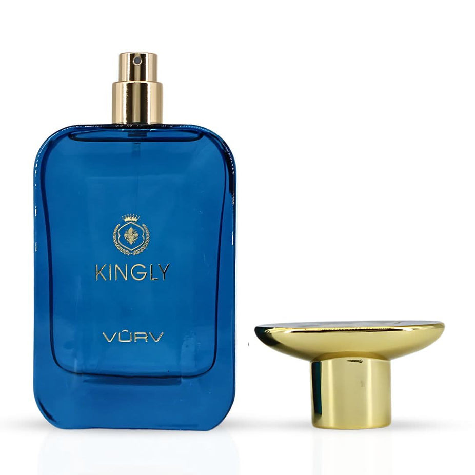 Vurv Kingly Eau de Parfum Spray for Men 100ml bottle with sleek black cap and transparent glass container.